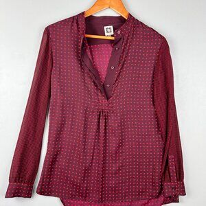 Anne Klein Pink & Red Polka Dot Poet Blouse Sheer Sleeves Size 4 Feminine